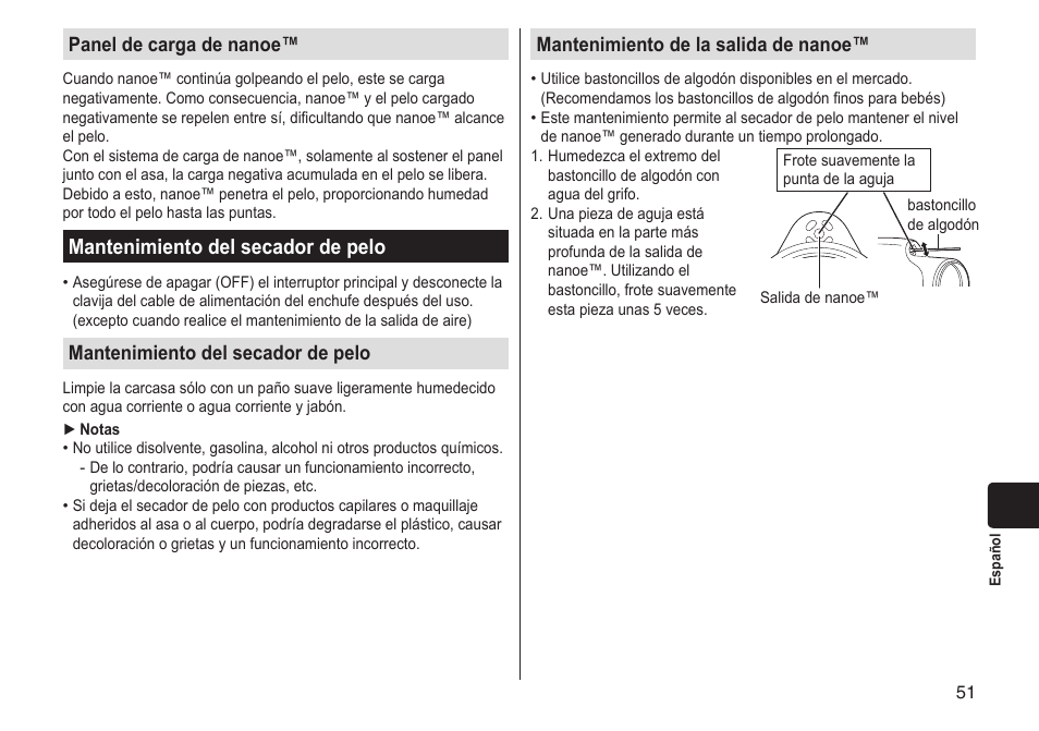 Mantenimientodelsecadordepelo, Paneldecargadenanoe, Mantenimientodelasalidadenanoe | Panasonic EHNA65 User Manual | Page 51 / 68