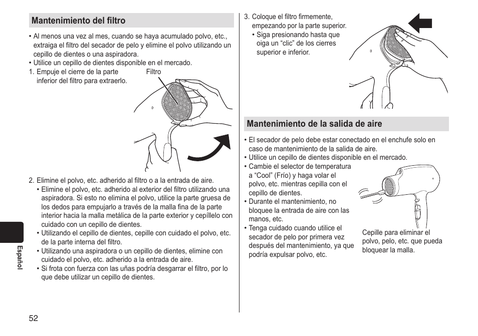 Mantenimientodelfiltro, Mantenimientodelasalidadeaire | Panasonic EHNA65 User Manual | Page 52 / 68