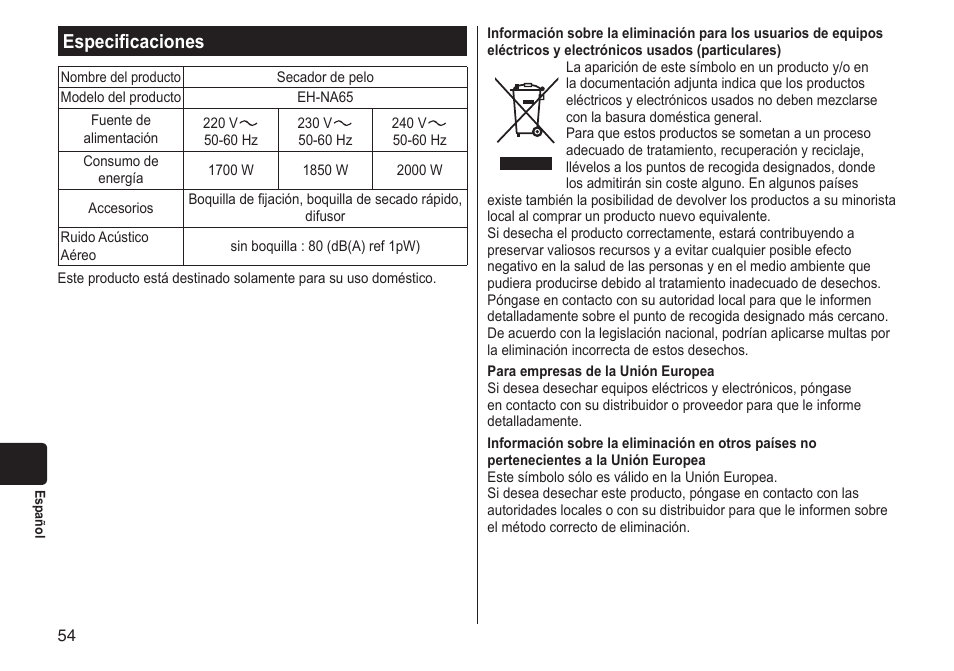 Especificaciones | Panasonic EHNA65 User Manual | Page 54 / 68