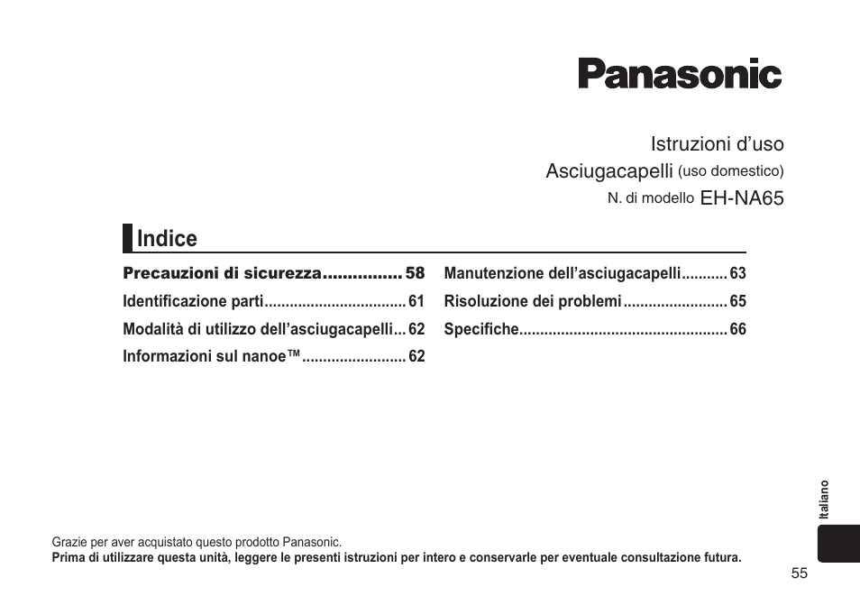 Indice, Istruzioni d’uso asciugacapelli, Eh‑na65 | Panasonic EHNA65 User Manual | Page 55 / 68