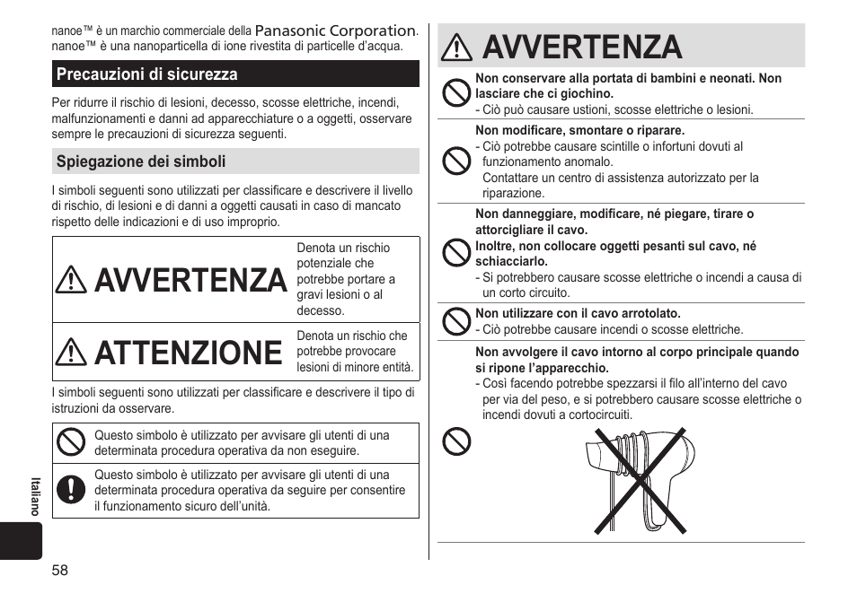 Avvertenza, Attenzione | Panasonic EHNA65 User Manual | Page 58 / 68