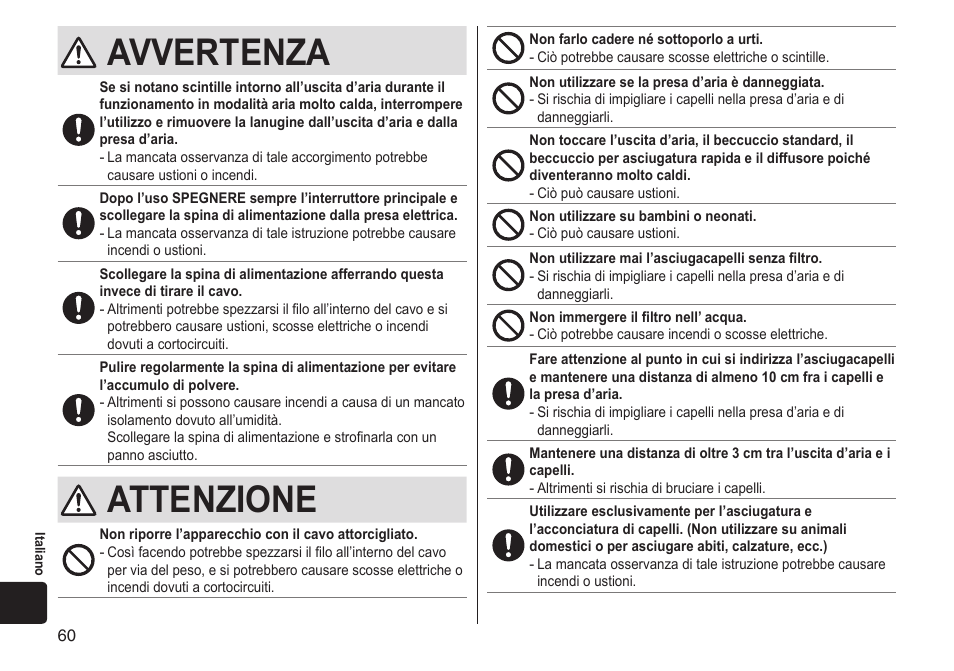 Avvertenza, Attenzione | Panasonic EHNA65 User Manual | Page 60 / 68
