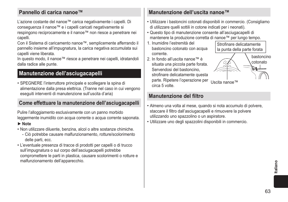 Manutenzionedell’asciugacapelli, Pannellodicaricananoe, Manutenzionedell’uscitananoe | Manutenzionedelfiltro | Panasonic EHNA65 User Manual | Page 63 / 68