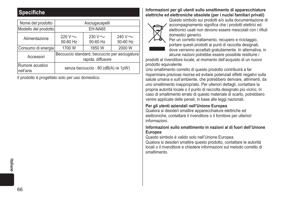 Specifiche | Panasonic EHNA65 User Manual | Page 66 / 68