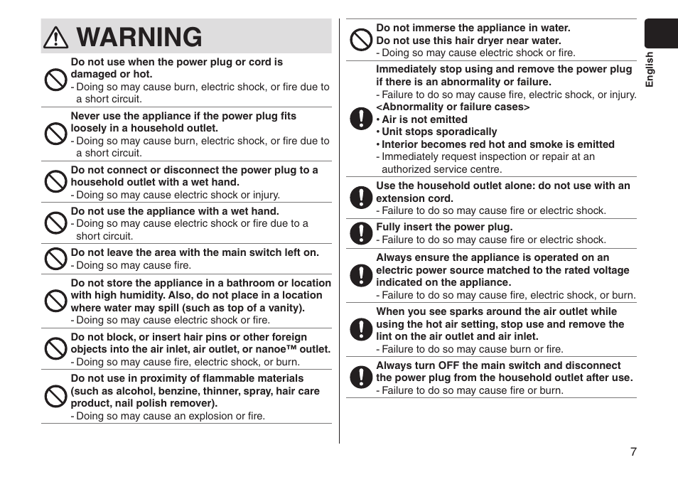 Warning | Panasonic EHNA65 User Manual | Page 7 / 68