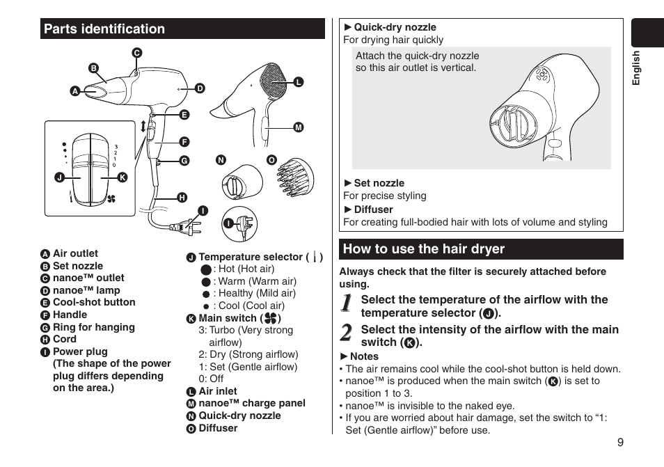 Partsidentification, Howtousethehairdryer | Panasonic EHNA65 User Manual | Page 9 / 68