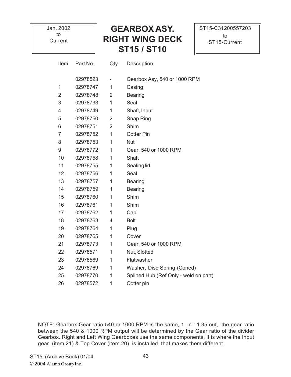 Gearbox asy. right wing deck st15 / st10 | Alamo ST15 User Manual | Page 43 / 74