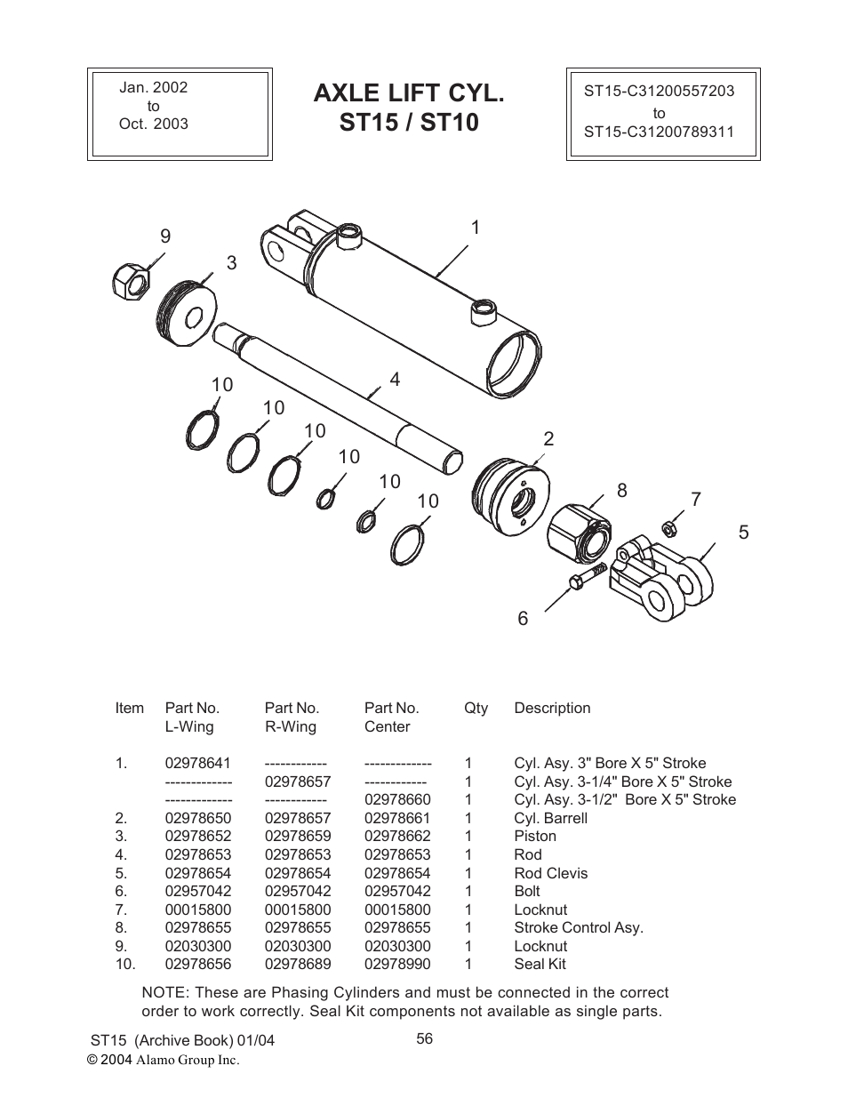 Axle lift cyl. st15 / st10 | Alamo ST15 User Manual | Page 56 / 74