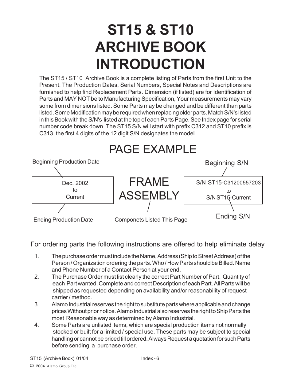 St15 & st10 archive book introduction, Frame assembly, Page example | Alamo ST15 User Manual | Page 6 / 74