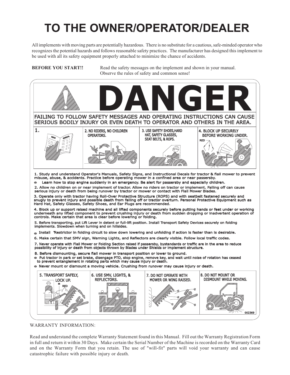 Danger | Alamo Hydraulic Flex Wing Cutter Falcon 10 - 15 User Manual | Page 2 / 76