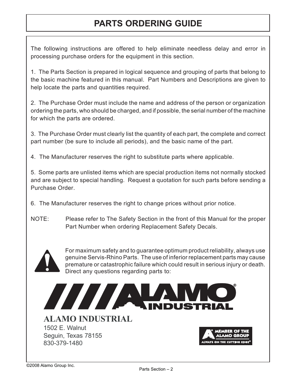 Parts ordering guide alamo industrial | Alamo Hydraulic Flex Wing Cutter Falcon 10 - 15 User Manual | Page 4 / 76