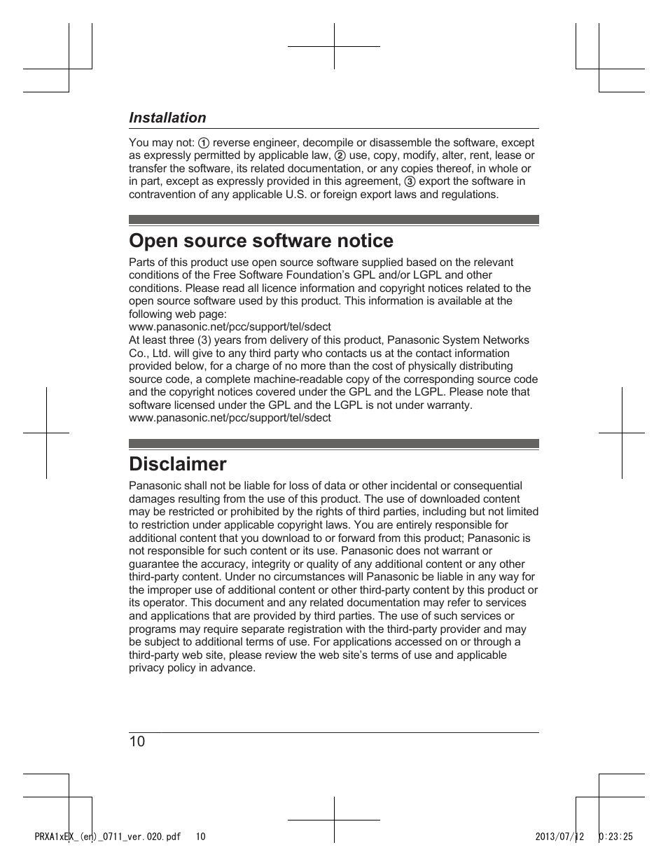 Open source software notice, Disclaimer | Panasonic KXPRXA10EX User Manual | Page 10 / 84