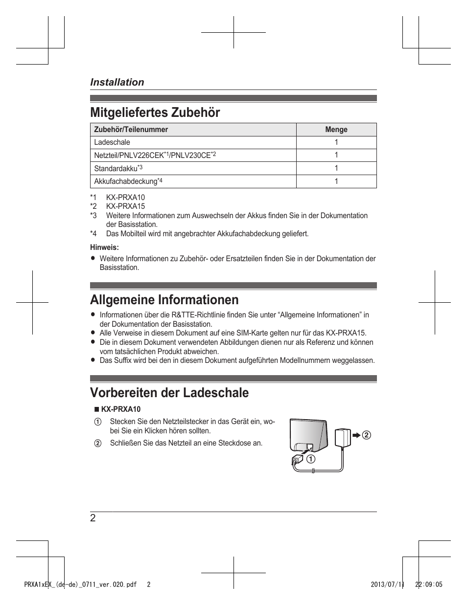 Installation, Mitgeliefertes zubehör, Allgemeine informationen | Vorbereiten der ladeschale, 2installation | Panasonic KXPRXA10EX User Manual | Page 12 / 84