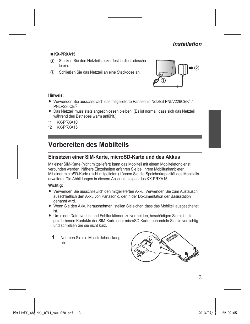 Vorbereiten des mobilteils, 3installation | Panasonic KXPRXA10EX User Manual | Page 13 / 84