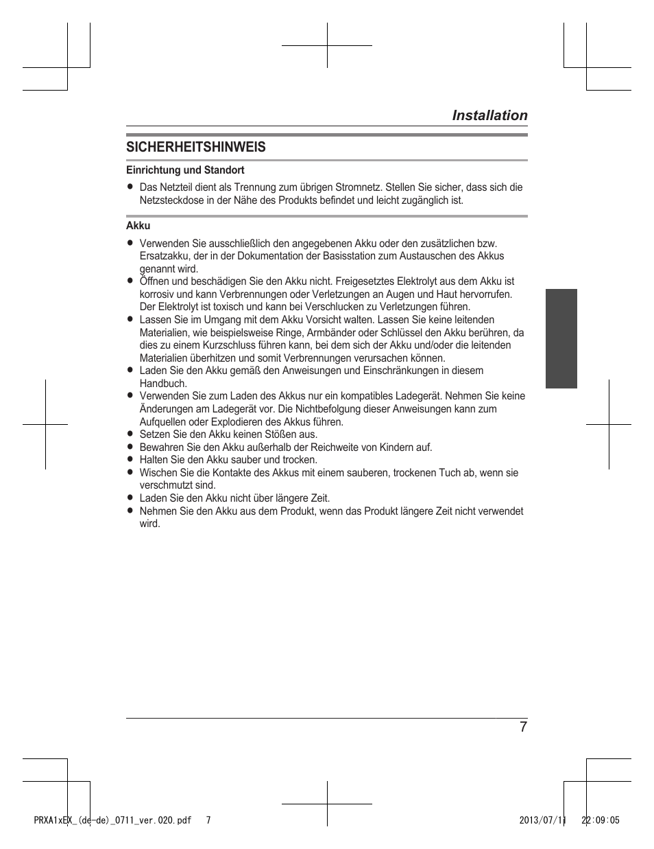 Sicherheitshinweis, 7installation | Panasonic KXPRXA10EX User Manual | Page 17 / 84