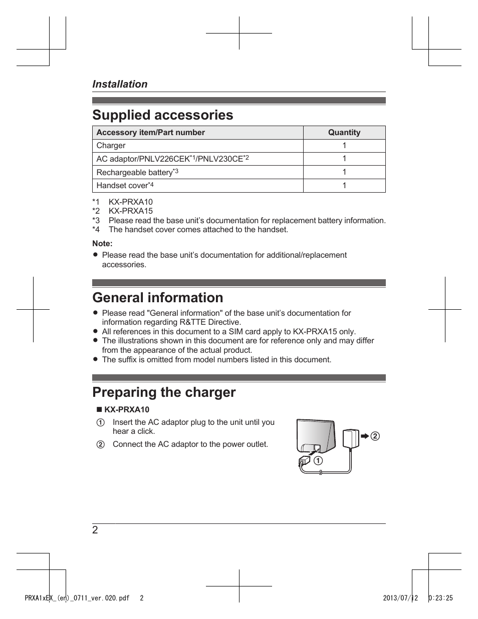 Installation, Supplied accessories, General information | Preparing the charger | Panasonic KXPRXA10EX User Manual | Page 2 / 84