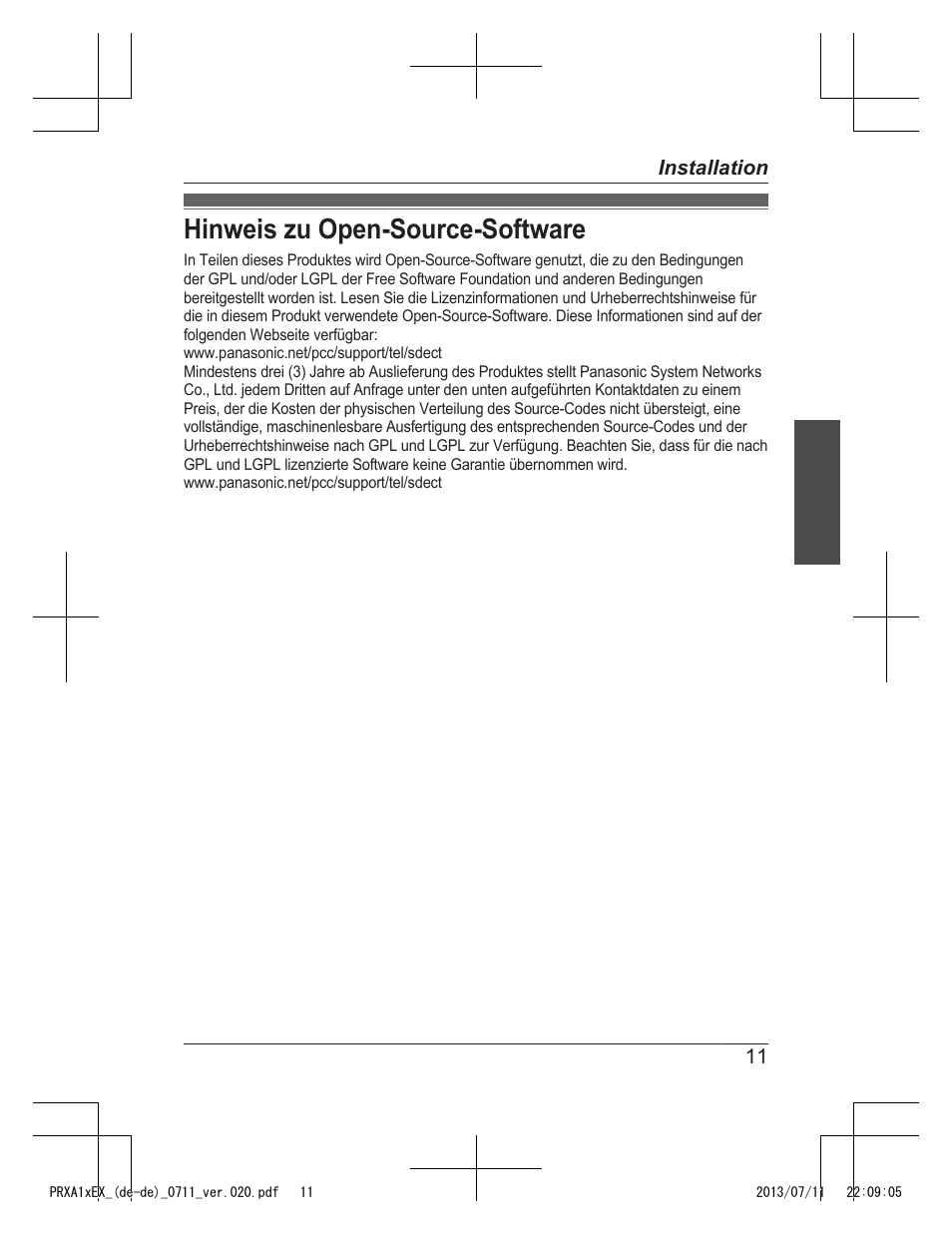 Hinweis zu open-source-software | Panasonic KXPRXA10EX User Manual | Page 21 / 84