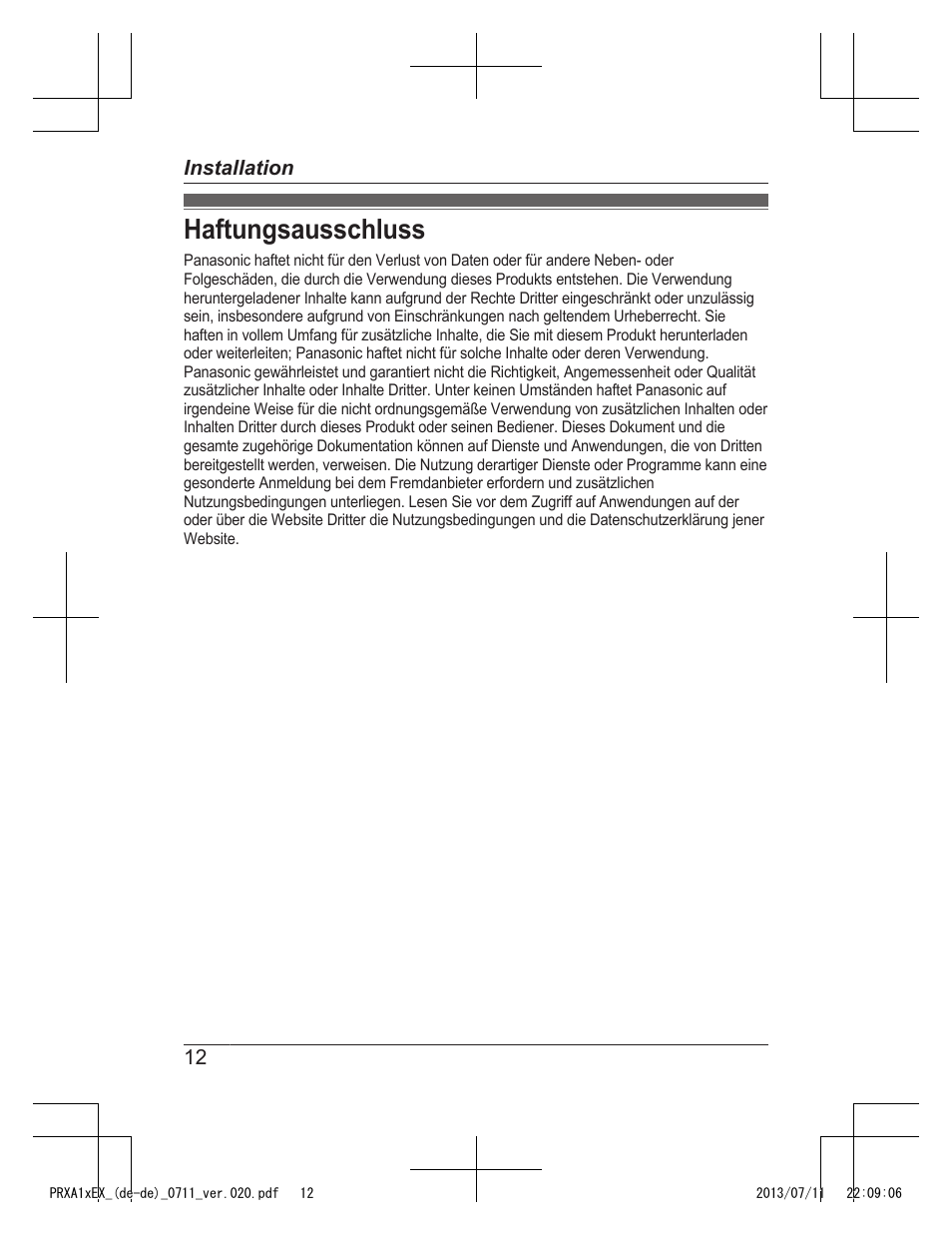 Haftungsausschluss | Panasonic KXPRXA10EX User Manual | Page 22 / 84