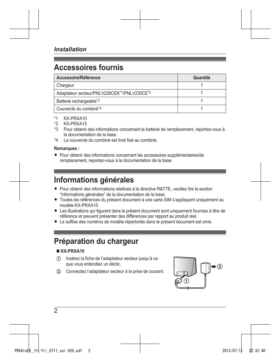 Installation, Accessoires fournis, Informations générales | Préparation du chargeur, 2installation | Panasonic KXPRXA10EX User Manual | Page 24 / 84