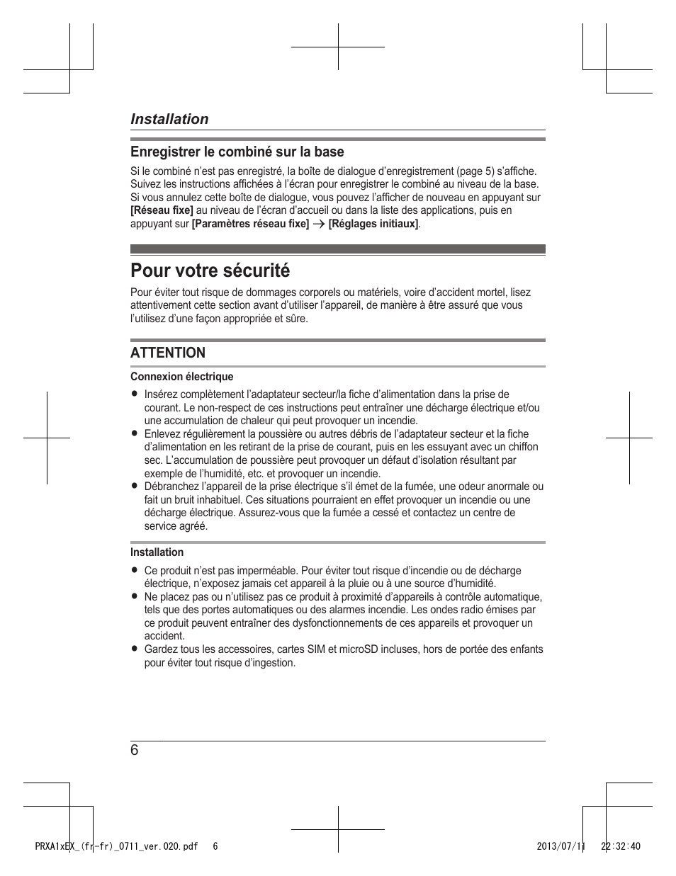 Pour votre sécurité | Panasonic KXPRXA10EX User Manual | Page 28 / 84