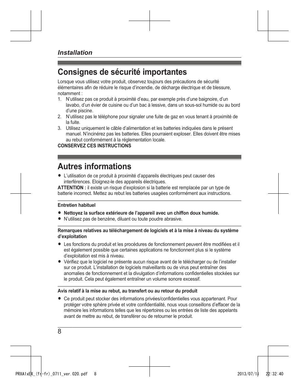 Consignes de sécurité importantes, Autres informations | Panasonic KXPRXA10EX User Manual | Page 30 / 84