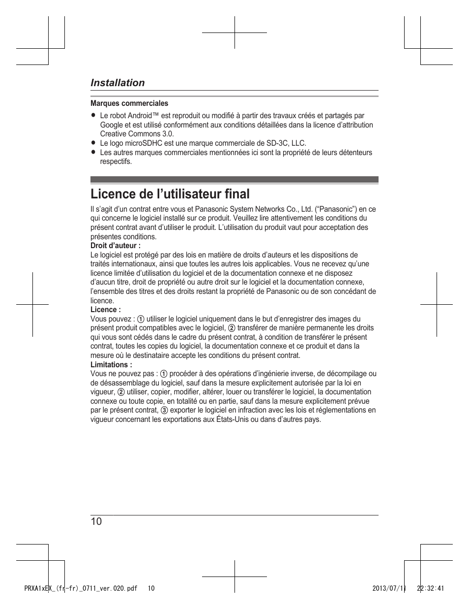 Licence de l’utilisateur final | Panasonic KXPRXA10EX User Manual | Page 32 / 84