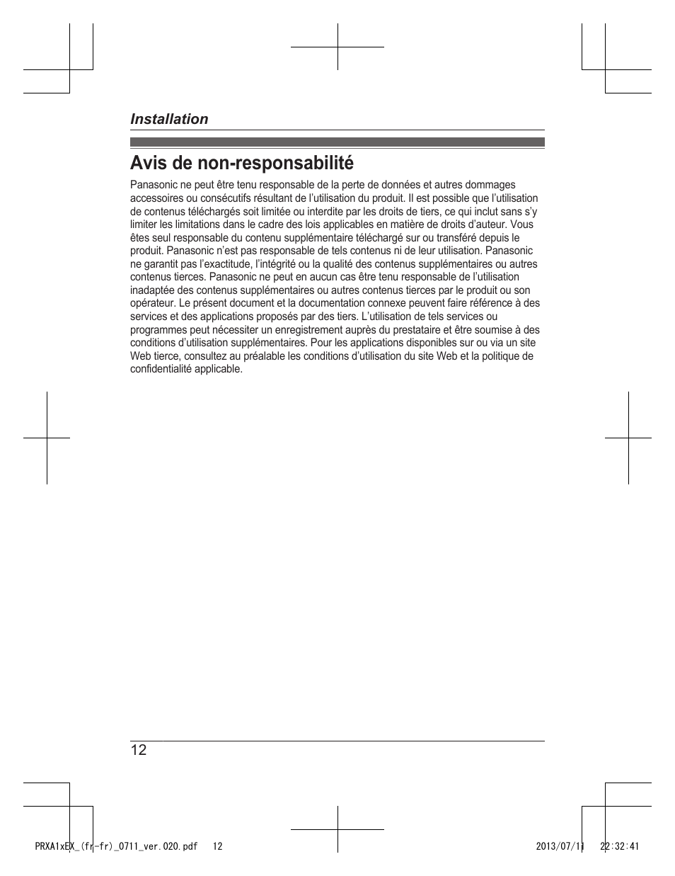 Avis de non-responsabilité | Panasonic KXPRXA10EX User Manual | Page 34 / 84