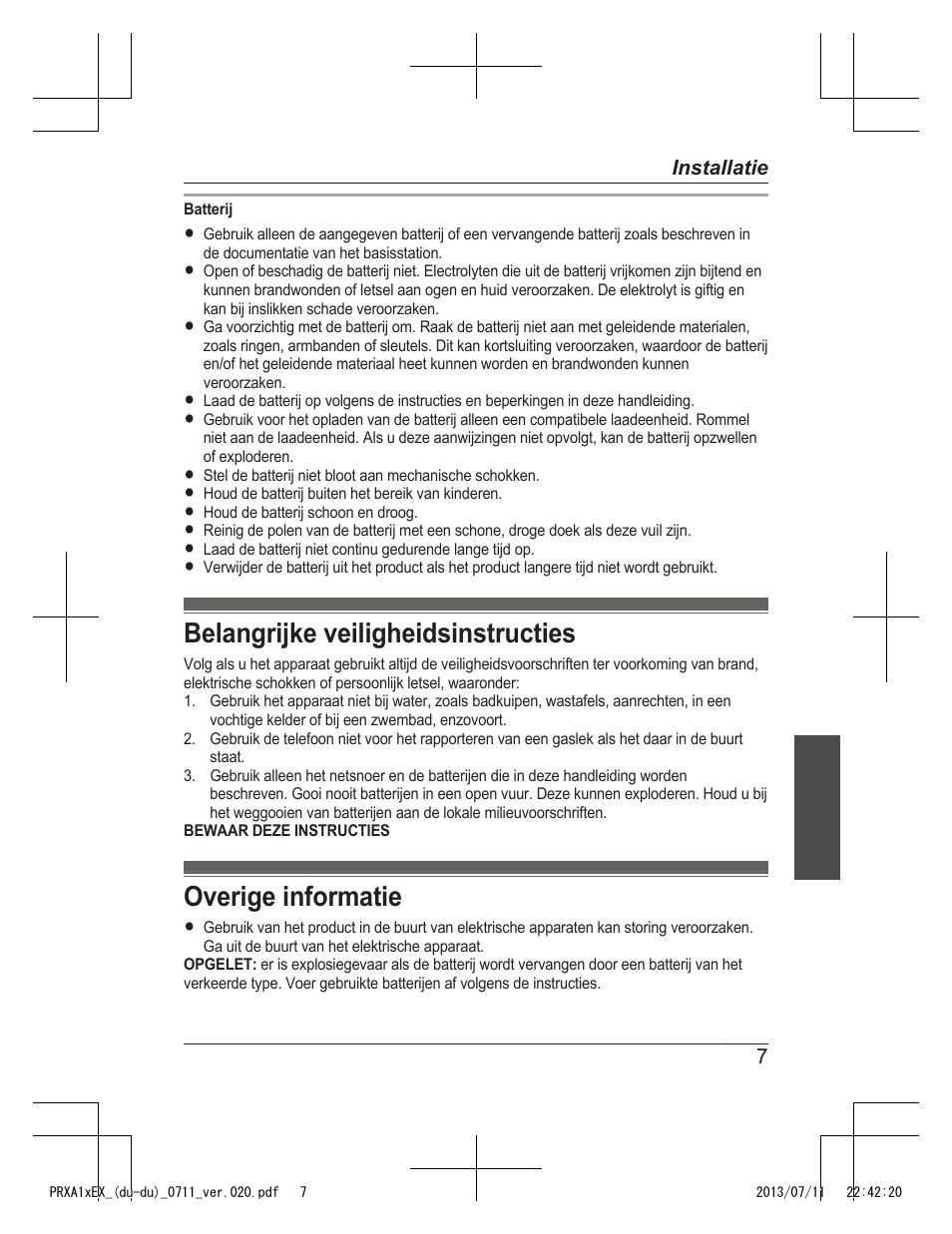 Belangrijke veiligheidsinstructies, Overige informatie | Panasonic KXPRXA10EX User Manual | Page 41 / 84