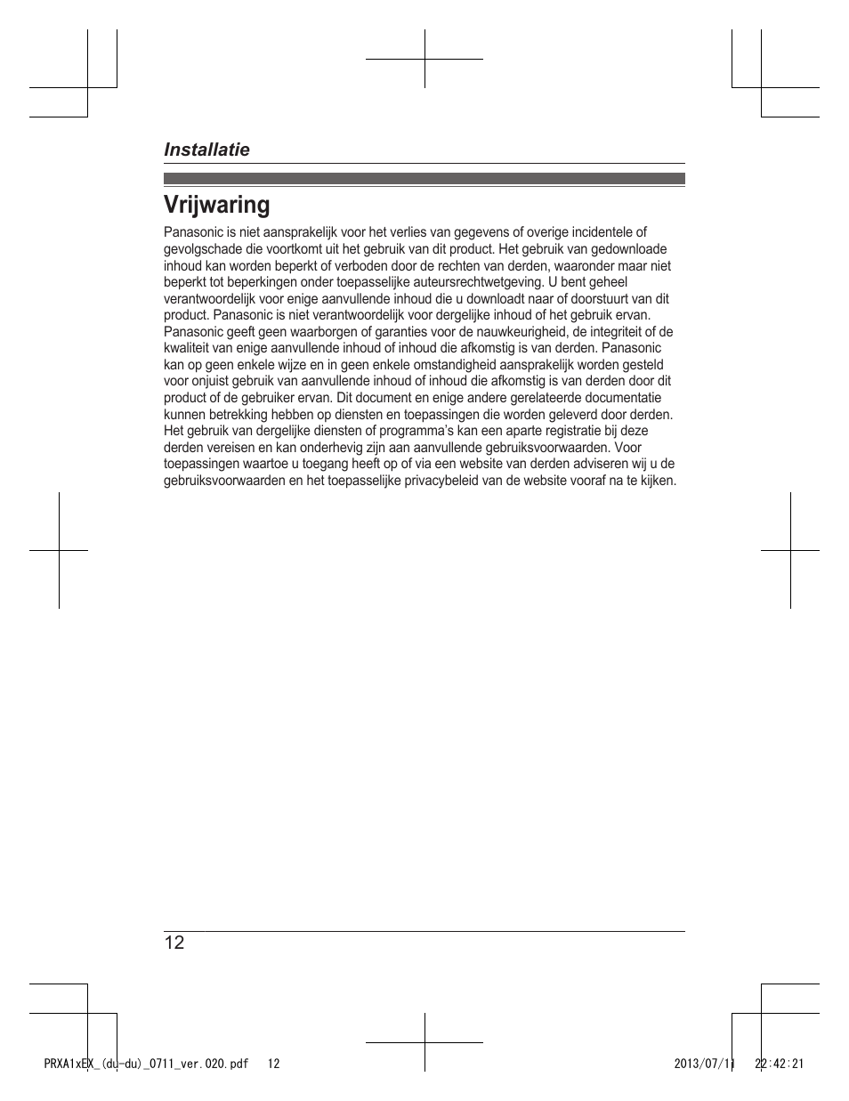 Vrijwaring | Panasonic KXPRXA10EX User Manual | Page 46 / 84