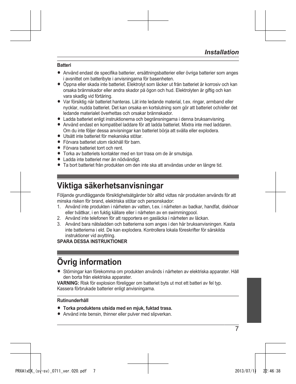 Viktiga säkerhetsanvisningar, Övrig information | Panasonic KXPRXA10EX User Manual | Page 53 / 84