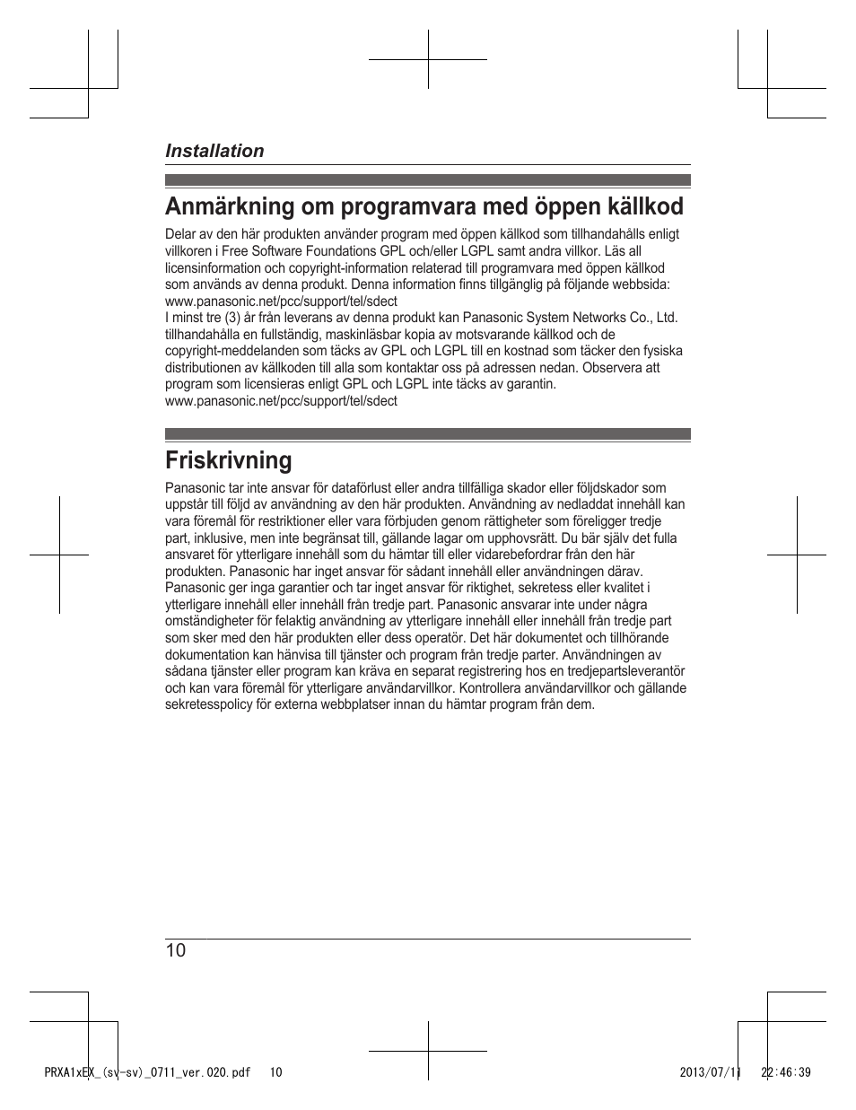 Anmärkning om programvara med öppen källkod, Friskrivning | Panasonic KXPRXA10EX User Manual | Page 56 / 84