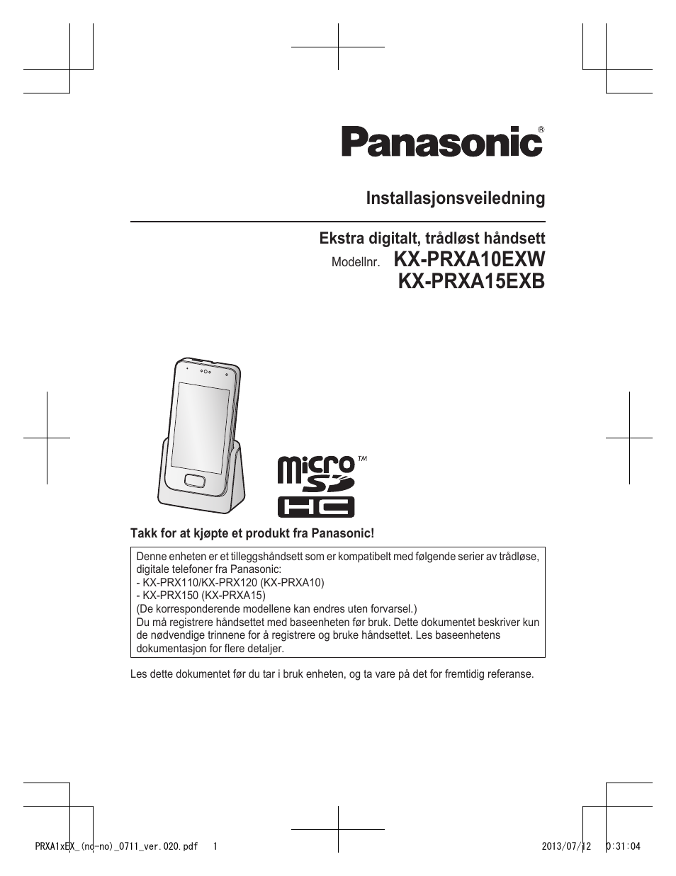 Kx-prxa10exw kx-prxa15exb, Installasjonsveiledning | Panasonic KXPRXA10EX User Manual | Page 57 / 84