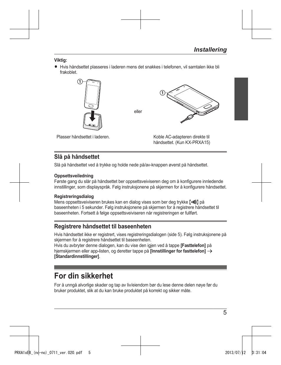 For din sikkerhet | Panasonic KXPRXA10EX User Manual | Page 61 / 84