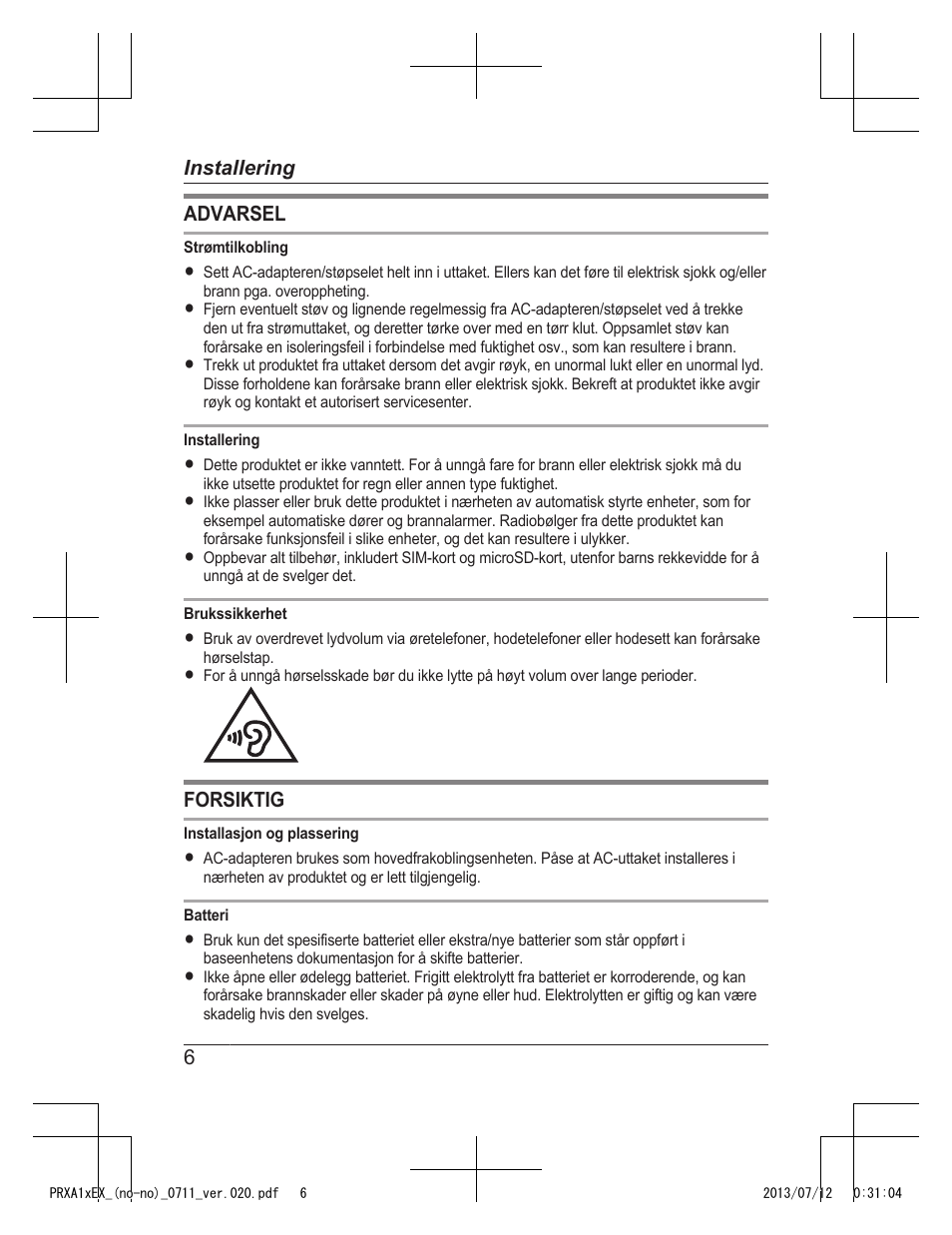 Advarsel, Forsiktig, 6installering | Panasonic KXPRXA10EX User Manual | Page 62 / 84