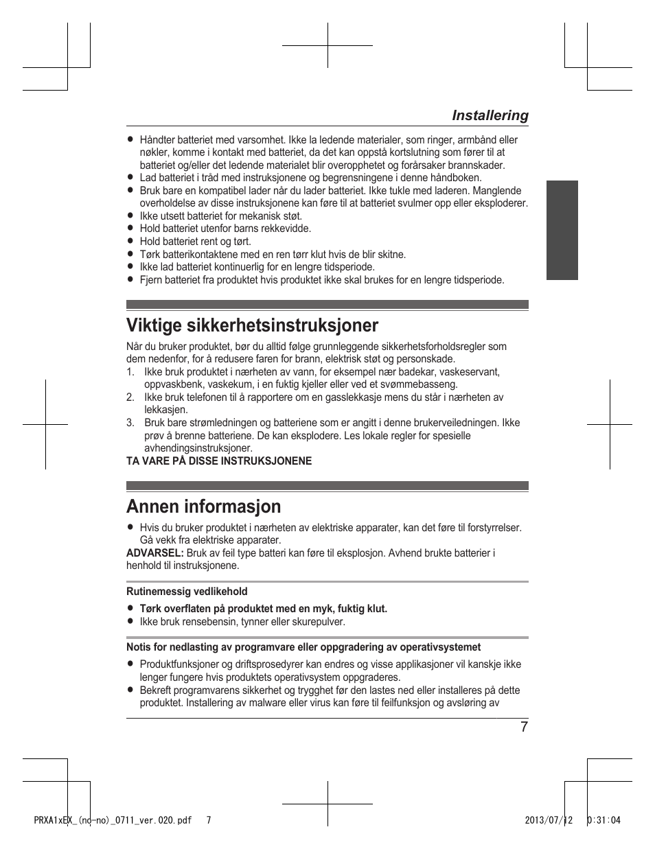 Viktige sikkerhetsinstruksjoner, Annen informasjon | Panasonic KXPRXA10EX User Manual | Page 63 / 84