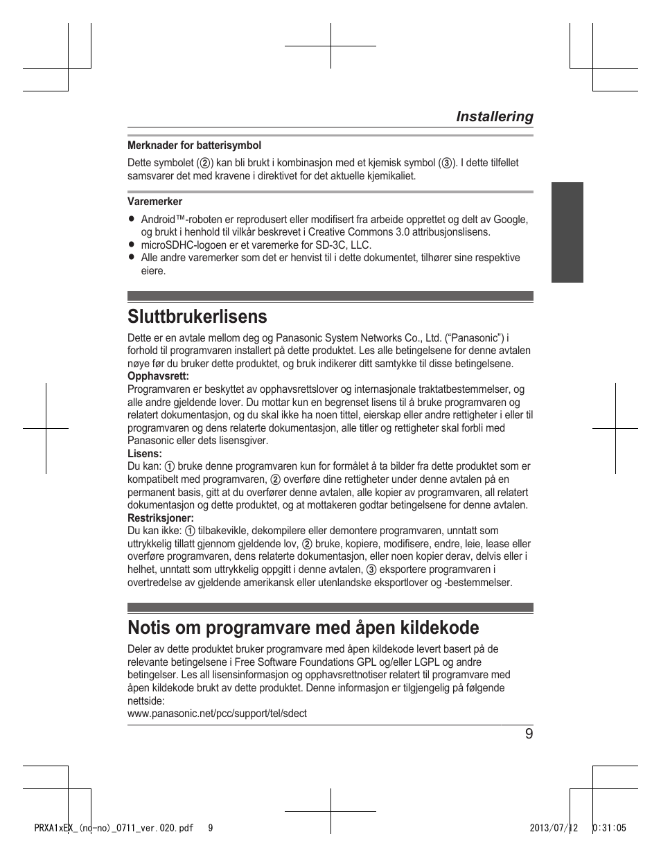 Sluttbrukerlisens, Notis om programvare med åpen kildekode | Panasonic KXPRXA10EX User Manual | Page 65 / 84