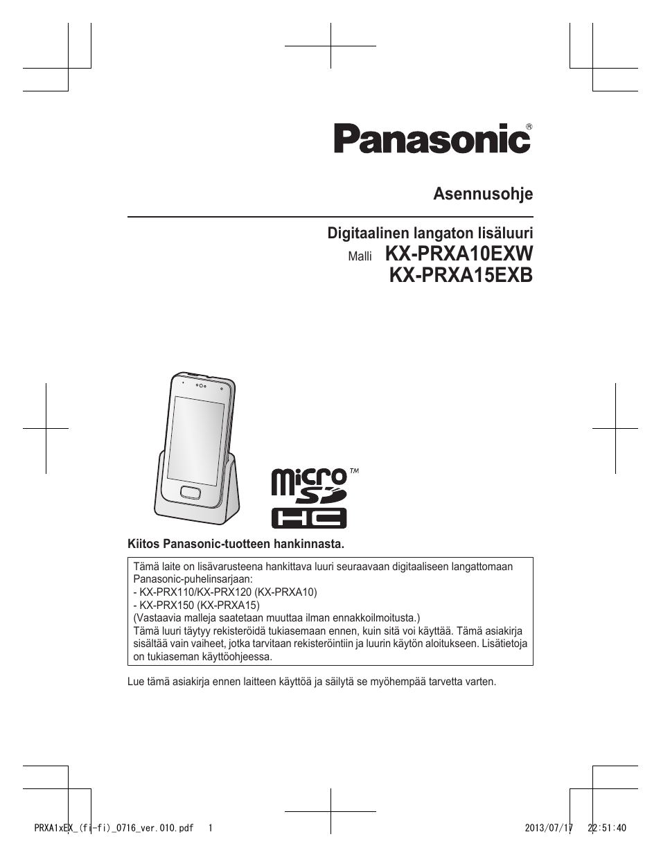 Kx-prxa10exw kx-prxa15exb, Asennusohje | Panasonic KXPRXA10EX User Manual | Page 67 / 84