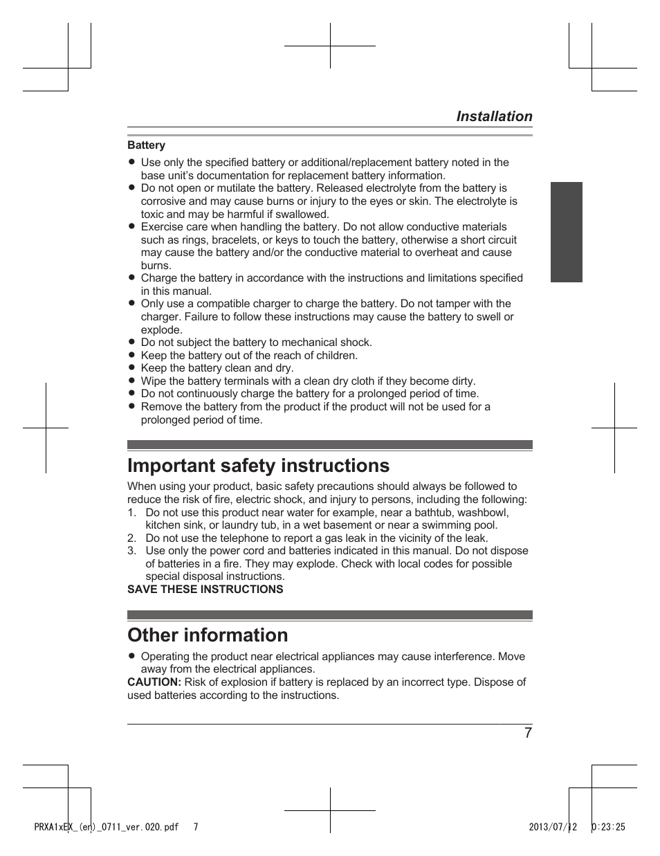 Important safety instructions, Other information | Panasonic KXPRXA10EX User Manual | Page 7 / 84