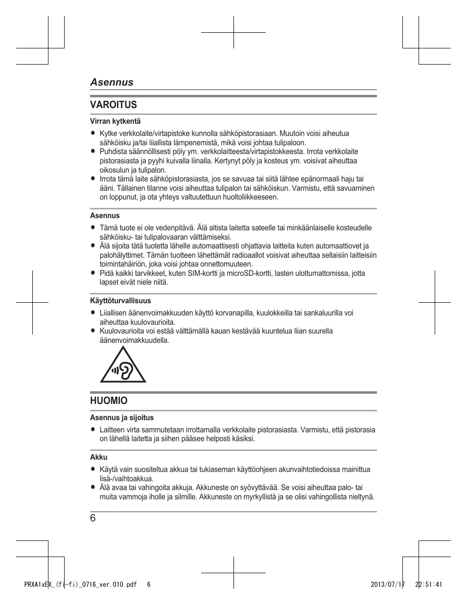 Varoitus, Huomio, 6asennus | Panasonic KXPRXA10EX User Manual | Page 72 / 84