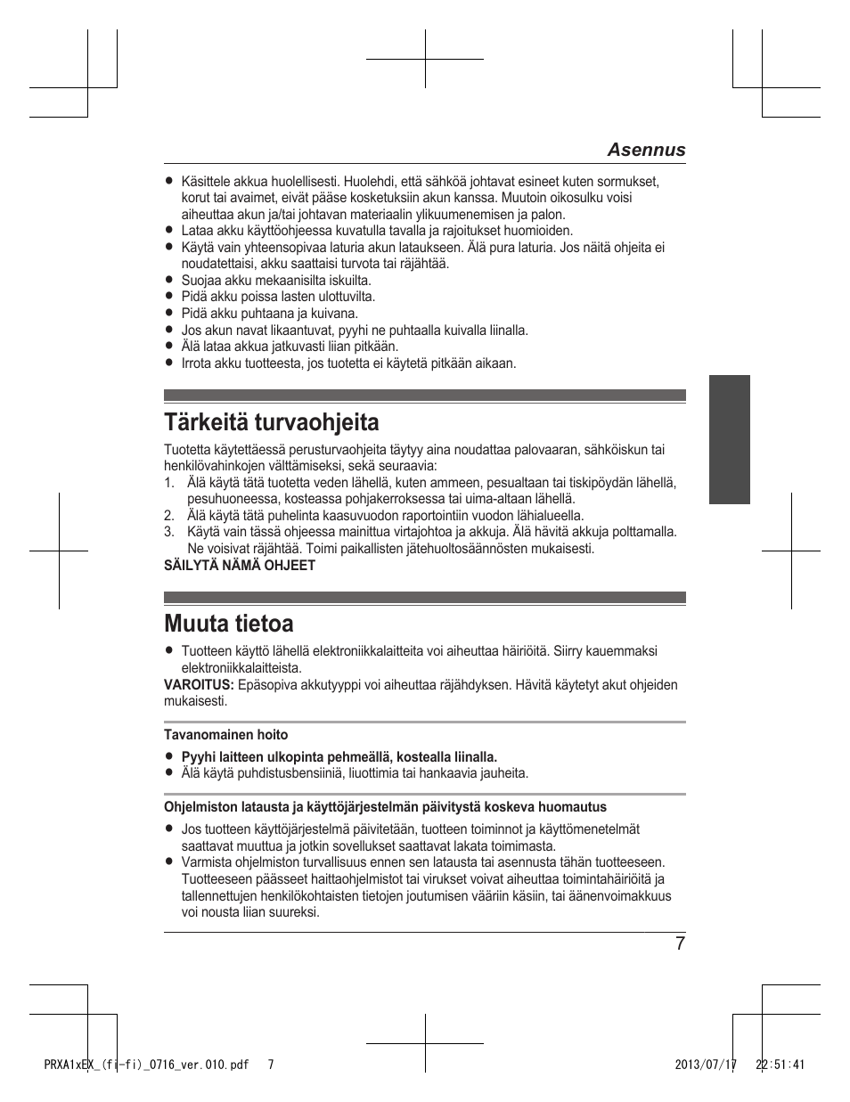 Tärkeitä turvaohjeita, Muuta tietoa | Panasonic KXPRXA10EX User Manual | Page 73 / 84