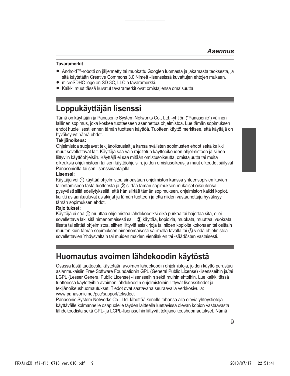 Loppukäyttäjän lisenssi, Huomautus avoimen lähdekoodin käytöstä | Panasonic KXPRXA10EX User Manual | Page 75 / 84