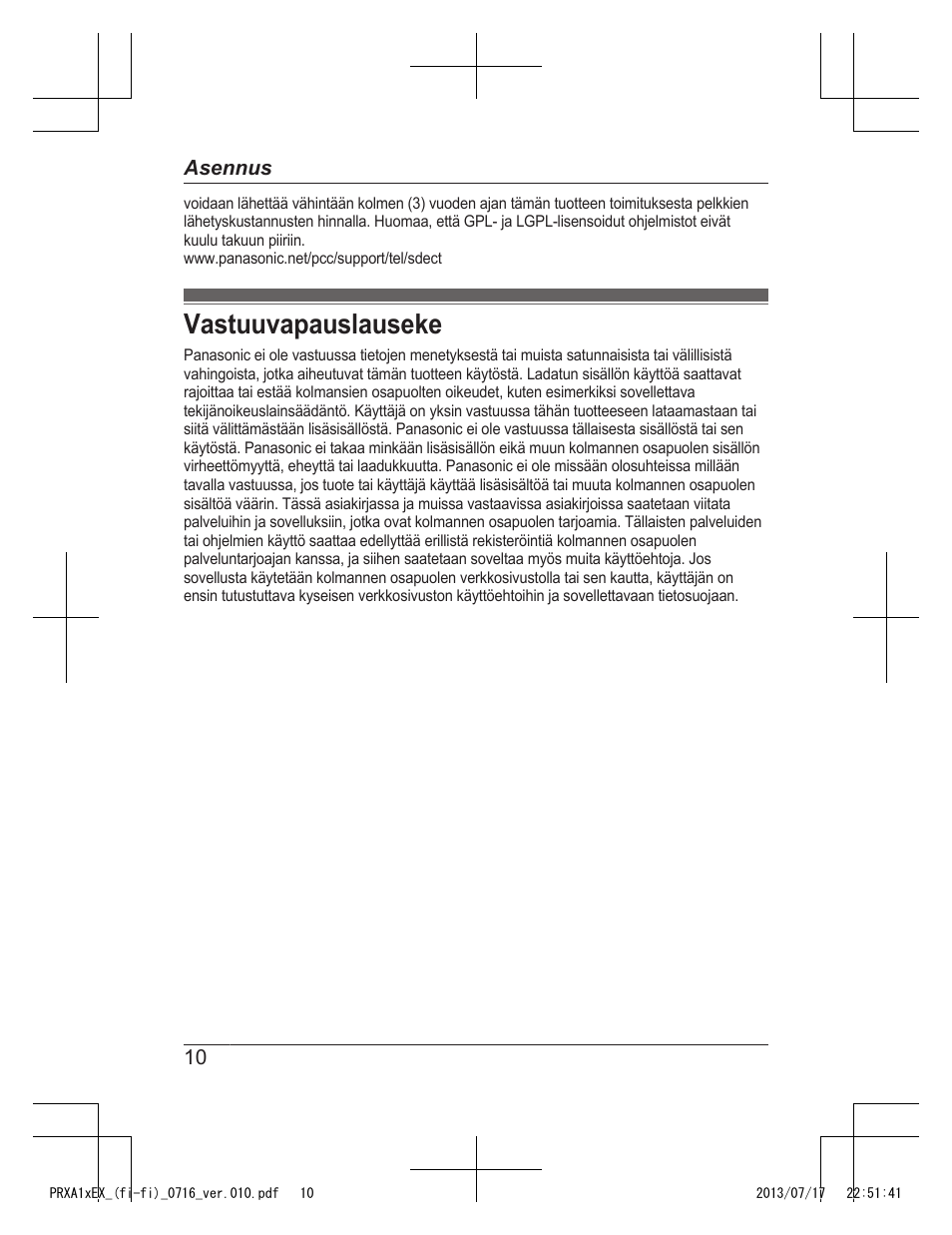 Vastuuvapauslauseke | Panasonic KXPRXA10EX User Manual | Page 76 / 84