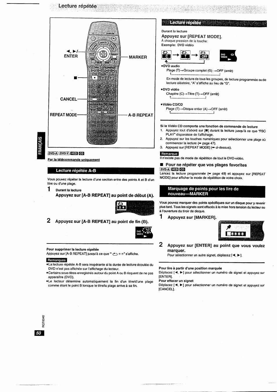 Lecture répétée a-b, Appuyez sur [a-b repeat] au point de début (a), 2 appuyez sur [a-b repeat] au point de fin (b) | Marquage de points pour les lire de nouveau—marker, 1 appuyez sur [marker, Lecture répétée | Panasonic DVDRA61EG User Manual | Page 19 / 28