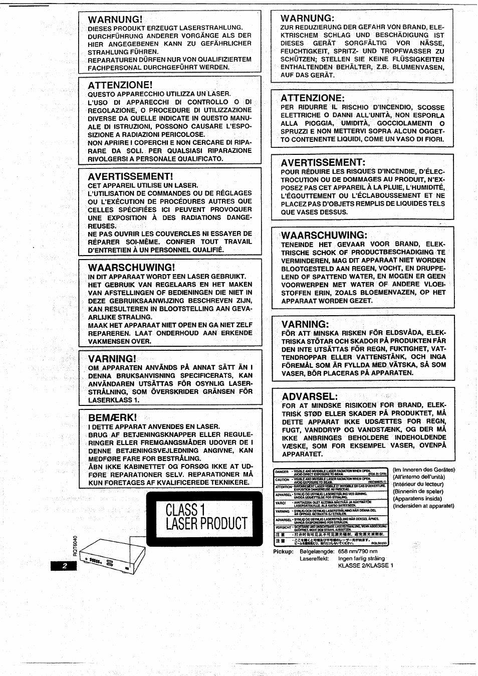 Warnungi, Attenzione, Avertissement | Waarschuwing, Varning, Bemærk, Warnung, Advarsel | Panasonic DVDRA61EG User Manual | Page 2 / 28