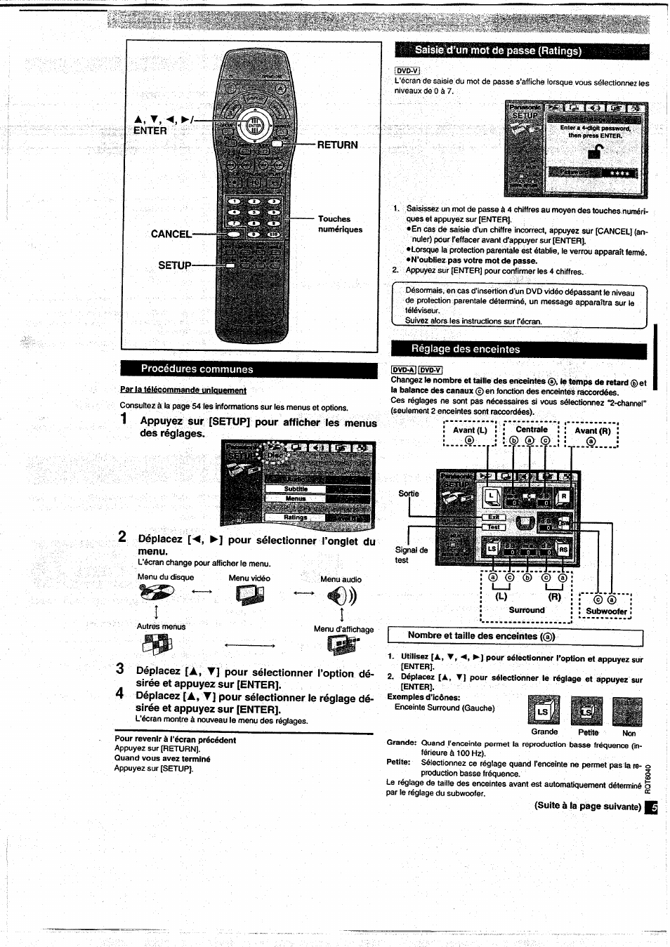 Saisie cturt mot de passe (ratings), Réglage des enceintes, Procédures communes | Gs " o, Gs " o» 1 i, A, t, ◄, ►/- enter cancel- setup- -return, Nombre et taille des enceintes (®) | Panasonic DVDRA61EG User Manual | Page 20 / 28