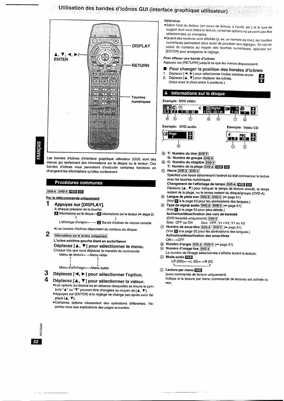 A, t, ◄, zieuter, Display, Œ3gdci | Return, Procédures communes, 1 appuyez sur [display, Déplacez [a, t] pour sélectionner le menu, Déplacez [◄, ►] pour sélectionner l’option, Déplacez [a, t] pour sélectionner la valeur, Pour changer la position des bandes d’icônes | Panasonic DVDRA61EG User Manual | Page 23 / 28