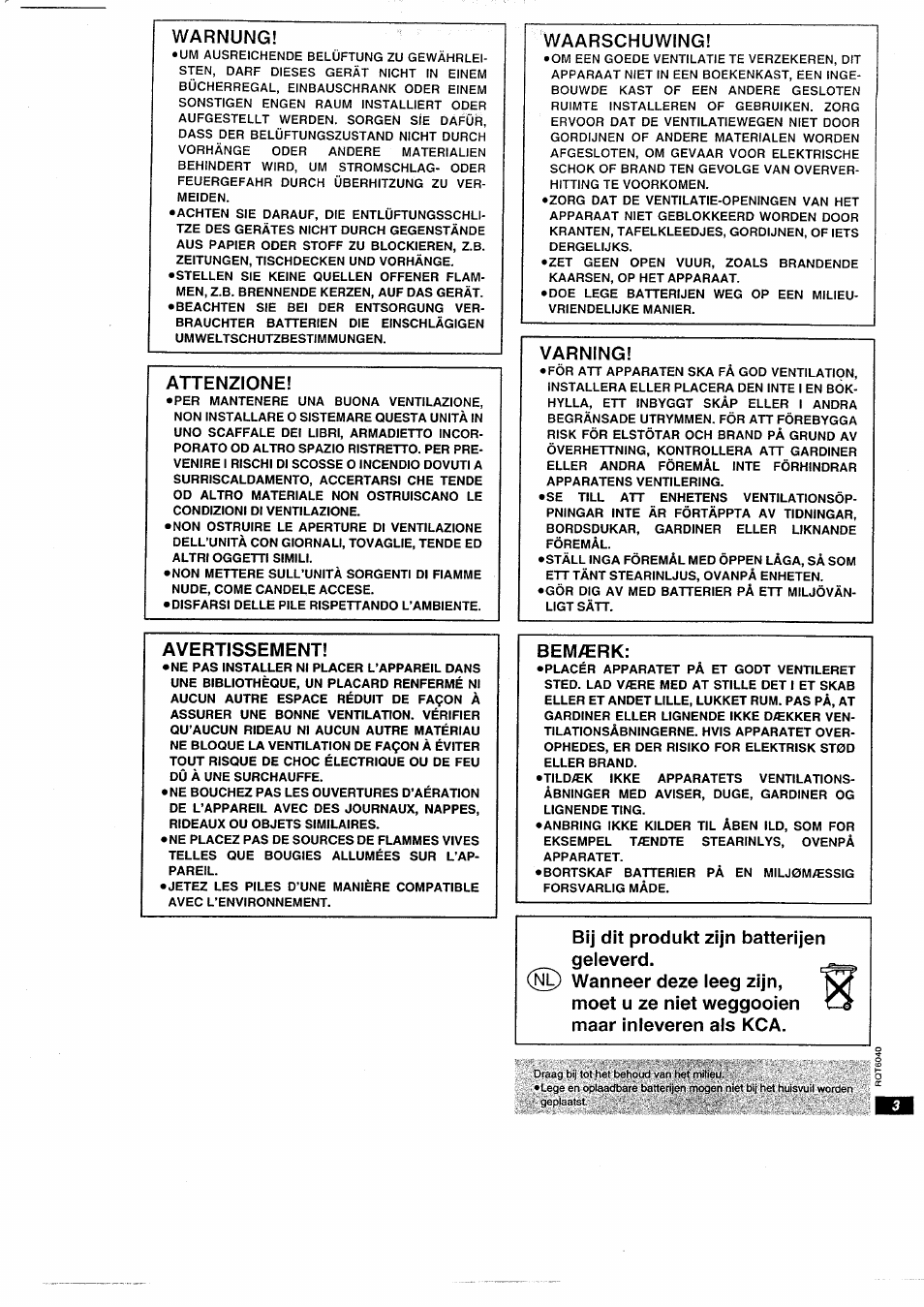 Warnung, Attenzione, Avertissement | Waarschuwing, Varning, Bemærk, Bij dit produkt zijn batterijen geleverd | Panasonic DVDRA61EG User Manual | Page 3 / 28