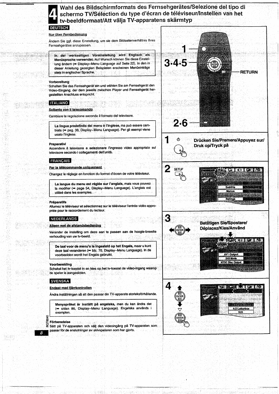 Return, Drücken sie/premere/appuyez sur/ druk op/tryck pà, Betätigen sie/spostare/ déplacez/kies/anvànd | Panasonic DVDRA61EG User Manual | Page 8 / 28