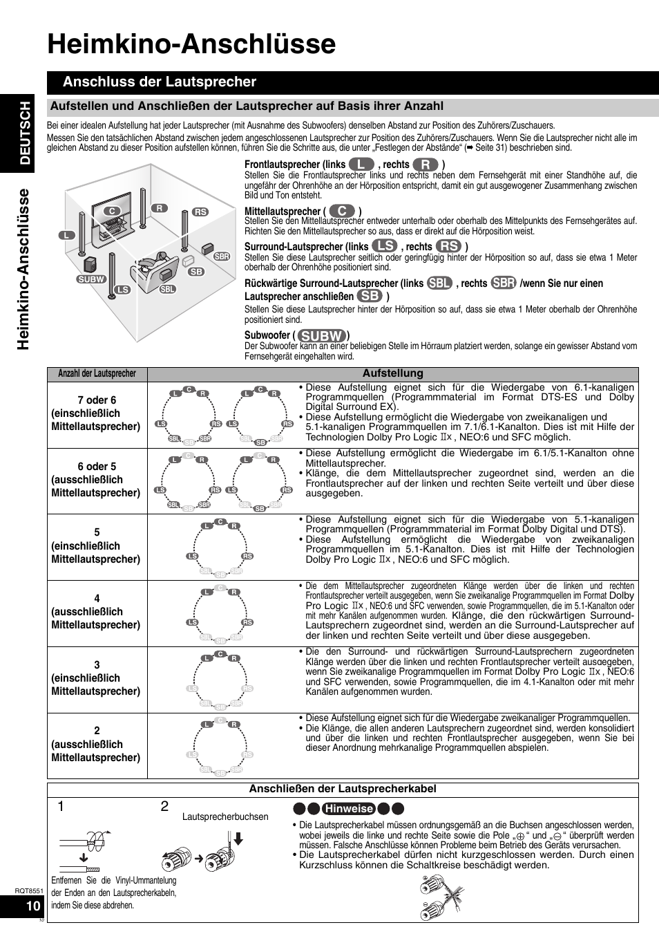 Heimkino-anschlüsse, Hei m ki n o -anschl ü ss e, Anschluss der lautsprecher | Deutsch | Panasonic SAXR57 User Manual | Page 10 / 120