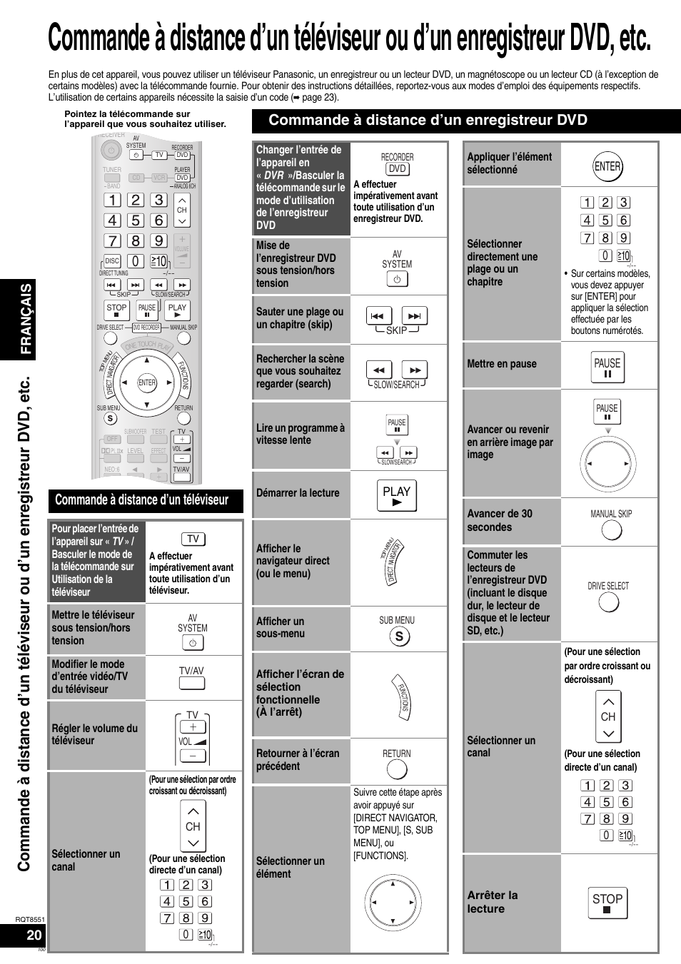 Commande à distance d’un téléviseur, Commande à distance d’un enregistreur dvd, Français | Panasonic SAXR57 User Manual | Page 100 / 120